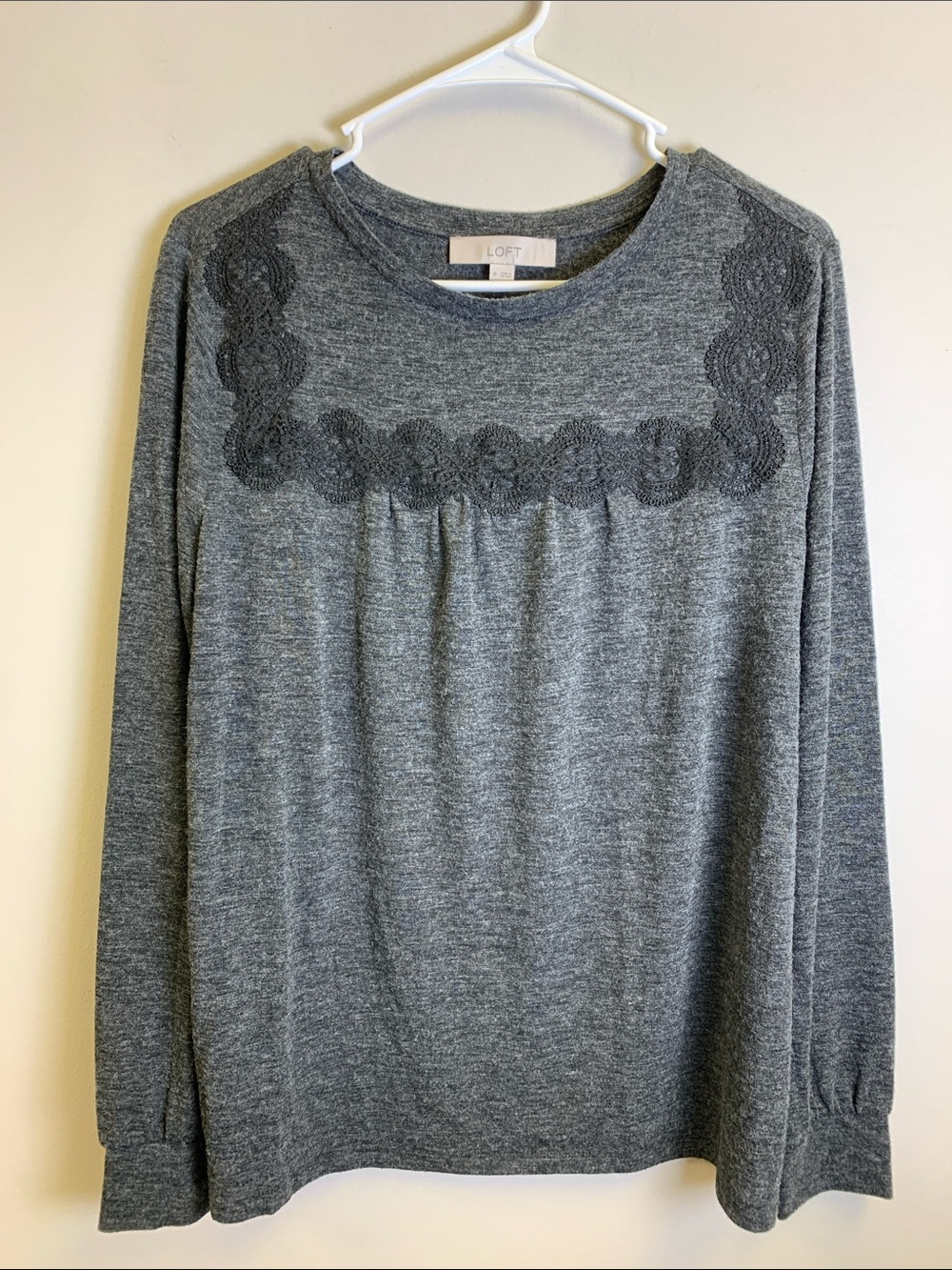 LOFT Heather Gray Long Sleeve Top with Lace Yoke